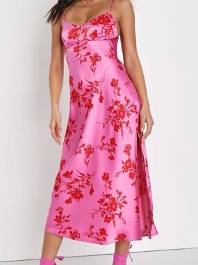 Pink & Red Floral Slip Midi Dress